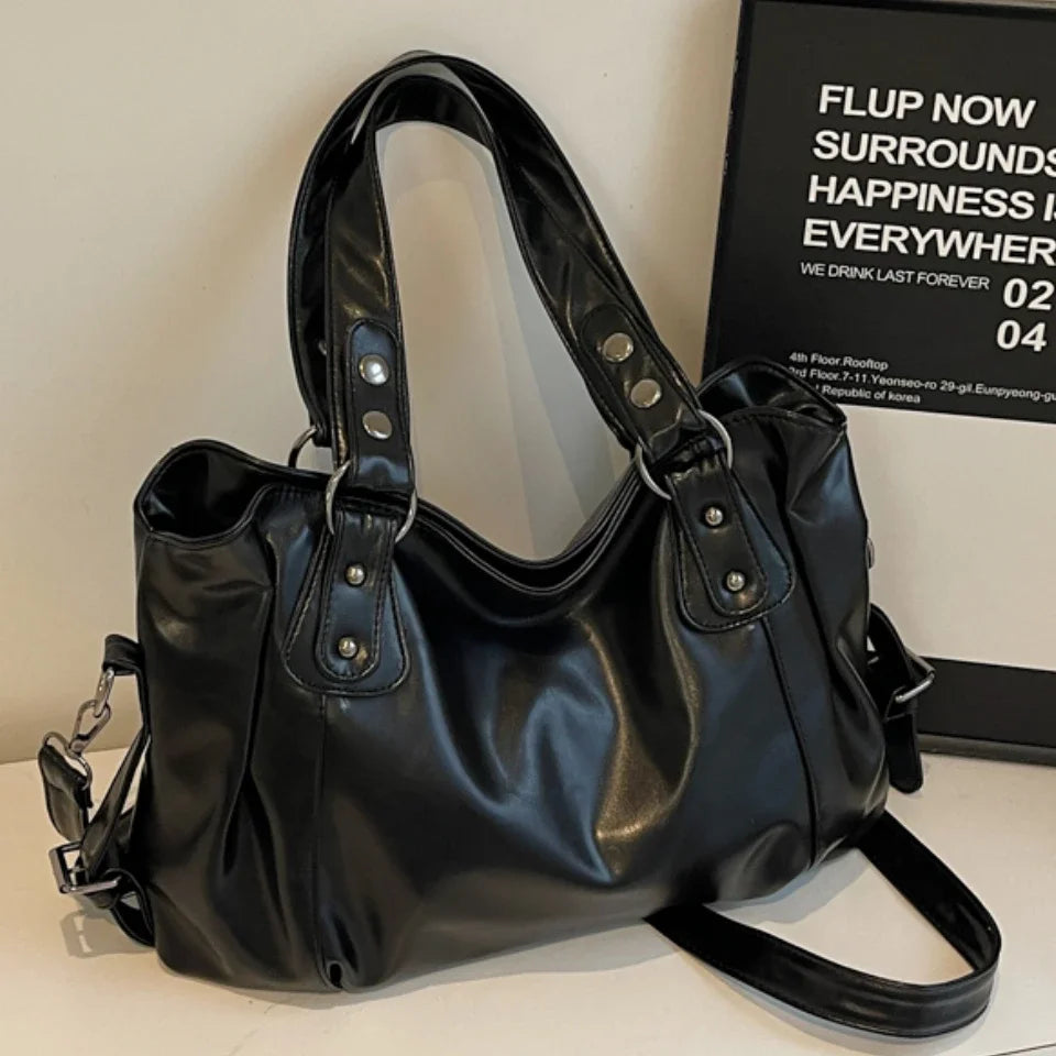 Sac à bandoulière spacieux de marque rétro pour femmes, sac à bandoulière classique de luxe de couleur unie, fourre-tout en cuir PU souple de grande capacité