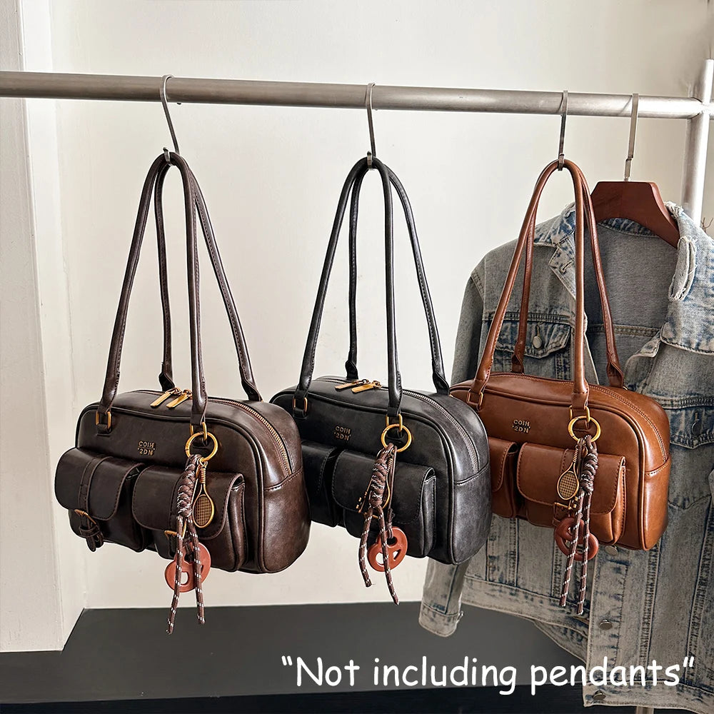 Sac à bandoulière rétro en cuir PU de couleur unie pour femme, avec plusieurs poches, grande capacité, sac à main exquis et à la mode