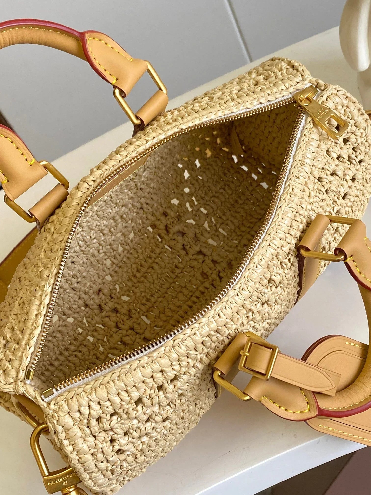 Sac à main Mini Boston en raphia, sac à main de luxe multi-positions
