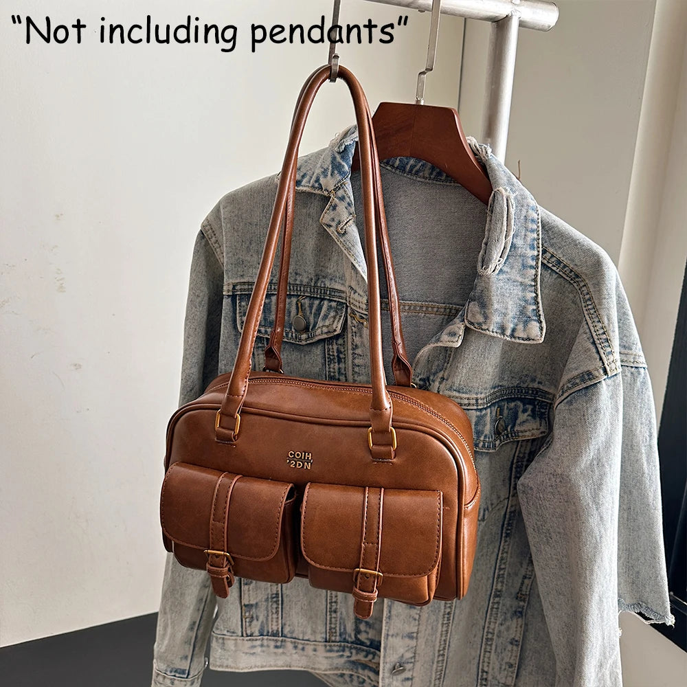 Sac à bandoulière rétro en cuir PU de couleur unie pour femme, avec plusieurs poches, grande capacité, sac à main exquis et à la mode