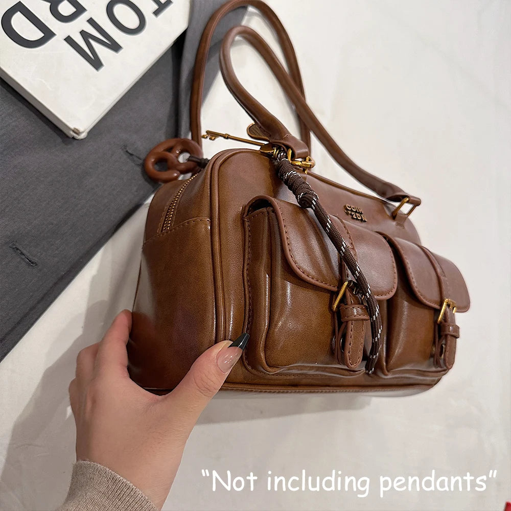 Sac à bandoulière rétro en cuir PU de couleur unie pour femme, avec plusieurs poches, grande capacité, sac à main exquis et à la mode