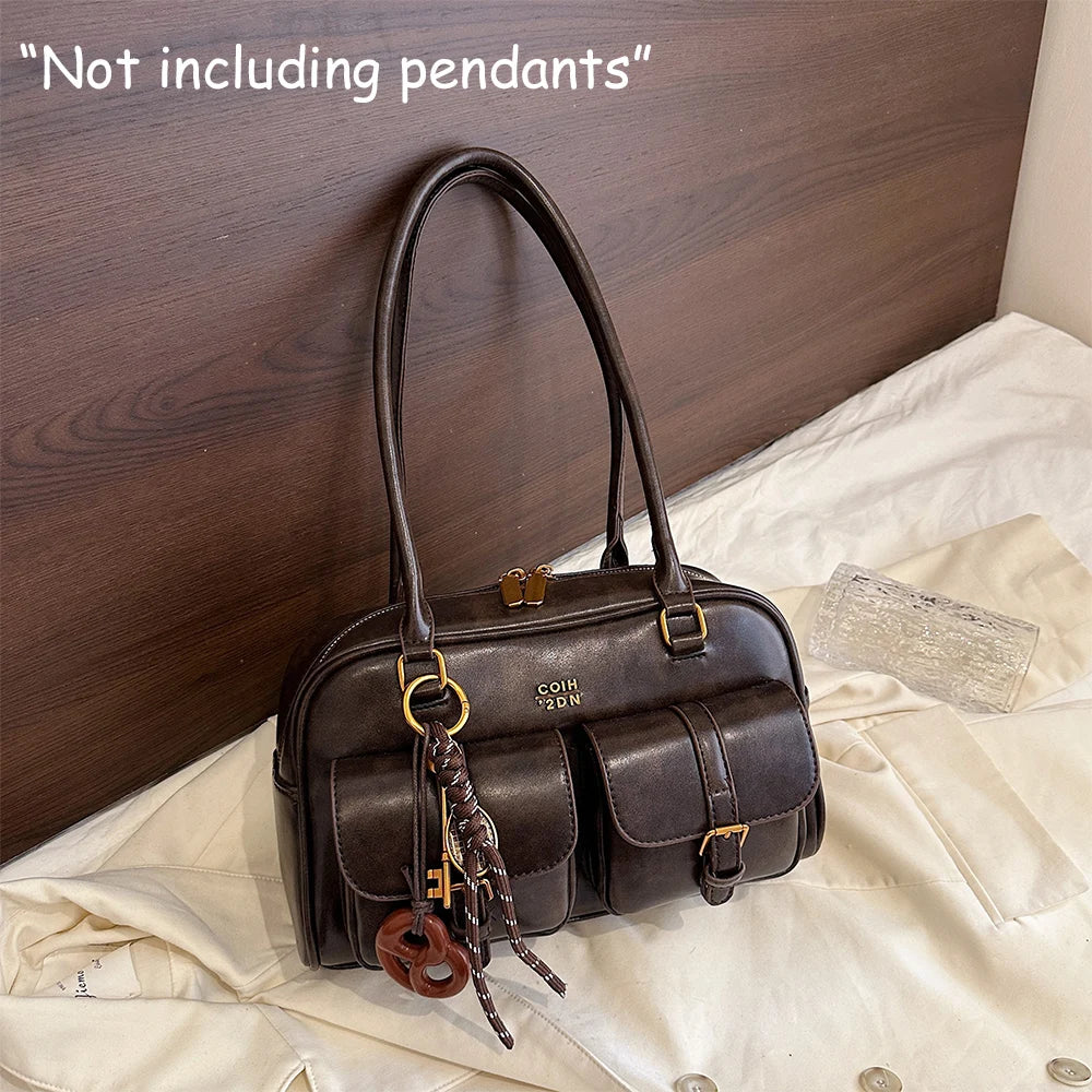 Sac à bandoulière rétro en cuir PU de couleur unie pour femme, avec plusieurs poches, grande capacité, sac à main exquis et à la mode