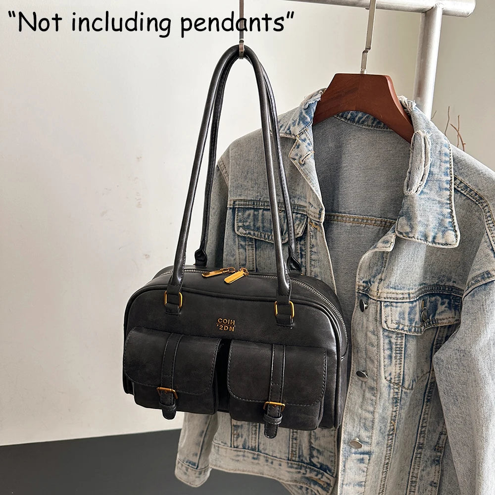 Sac à bandoulière rétro en cuir PU de couleur unie pour femme, avec plusieurs poches, grande capacité, sac à main exquis et à la mode