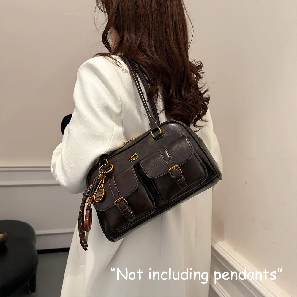 Sac à bandoulière rétro en cuir PU de couleur unie pour femme, avec plusieurs poches, grande capacité, sac à main exquis et à la mode