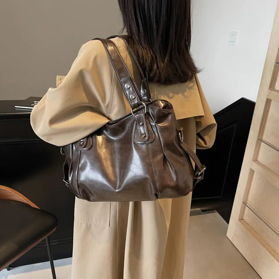 Sac à bandoulière spacieux de marque rétro pour femmes, sac à bandoulière classique de luxe de couleur unie, fourre-tout en cuir PU souple de grande capacité