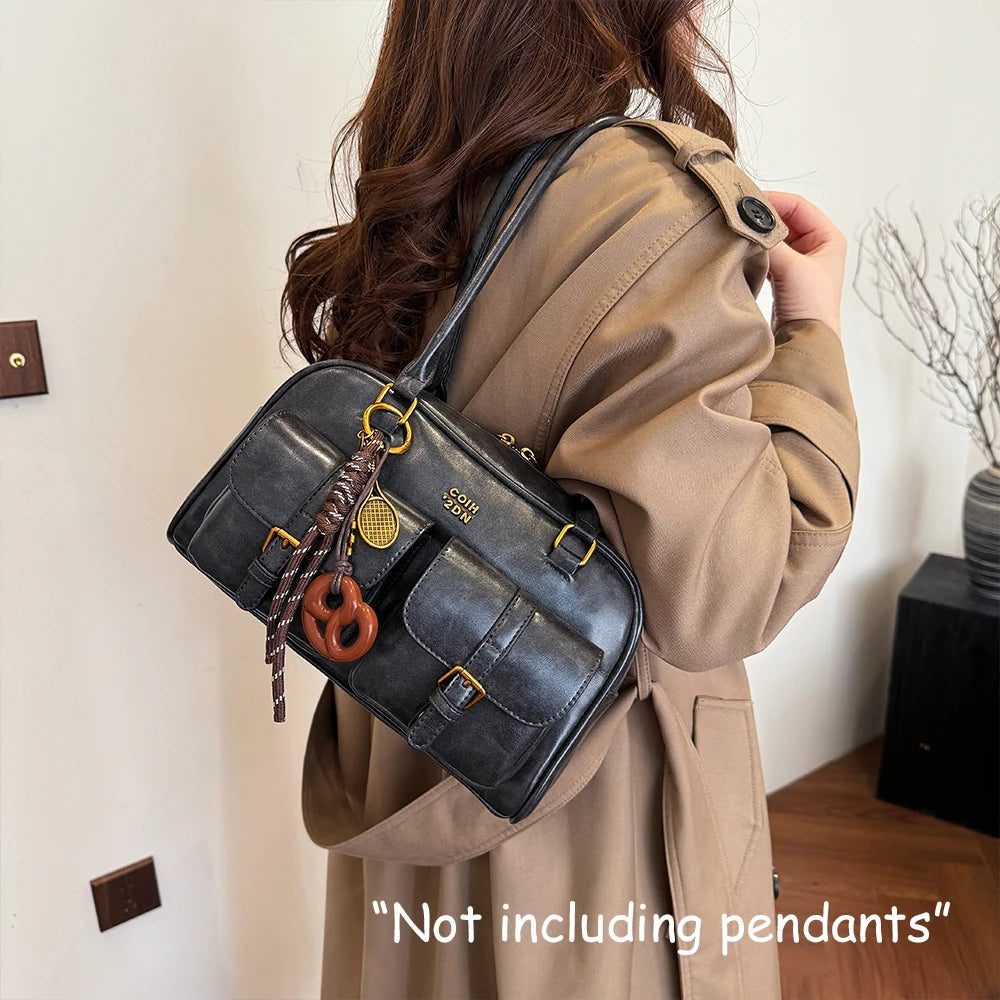 Sac à bandoulière rétro en cuir PU de couleur unie pour femme, avec plusieurs poches, grande capacité, sac à main exquis et à la mode