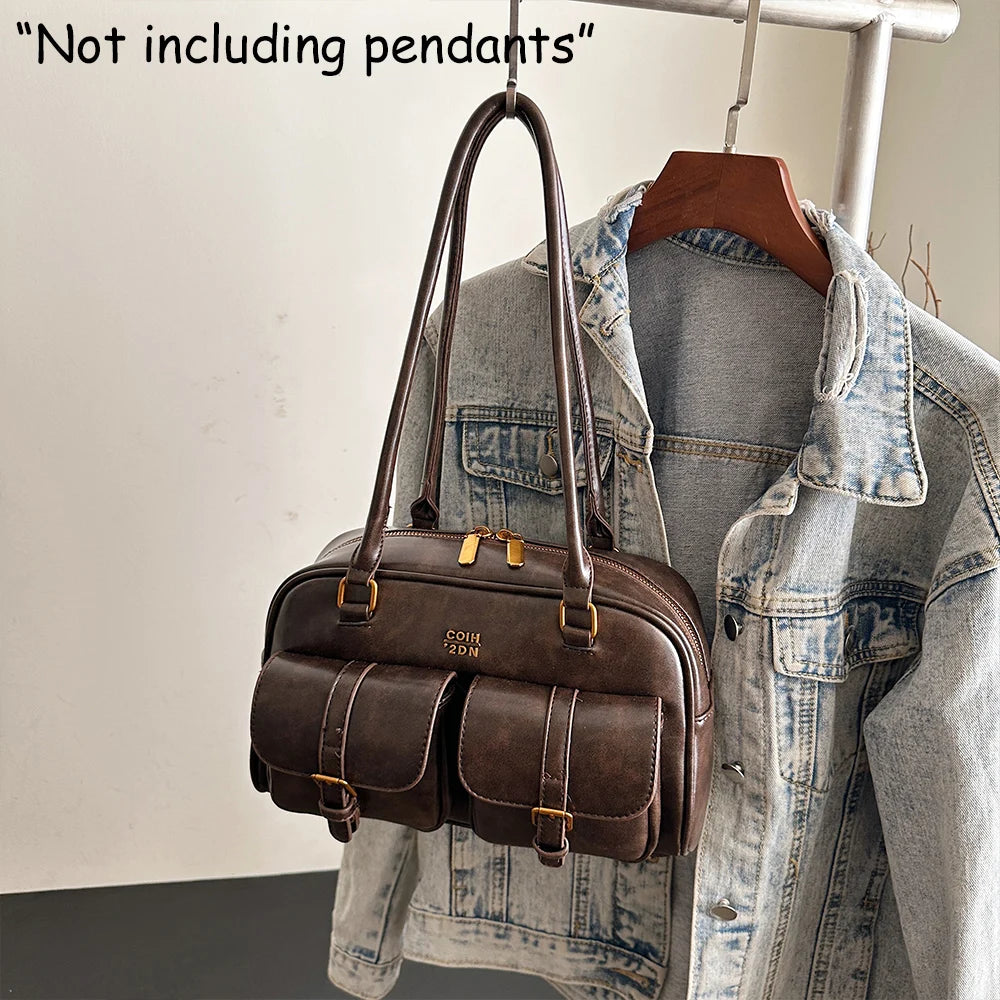 Sac à bandoulière rétro en cuir PU de couleur unie pour femme, avec plusieurs poches, grande capacité, sac à main exquis et à la mode